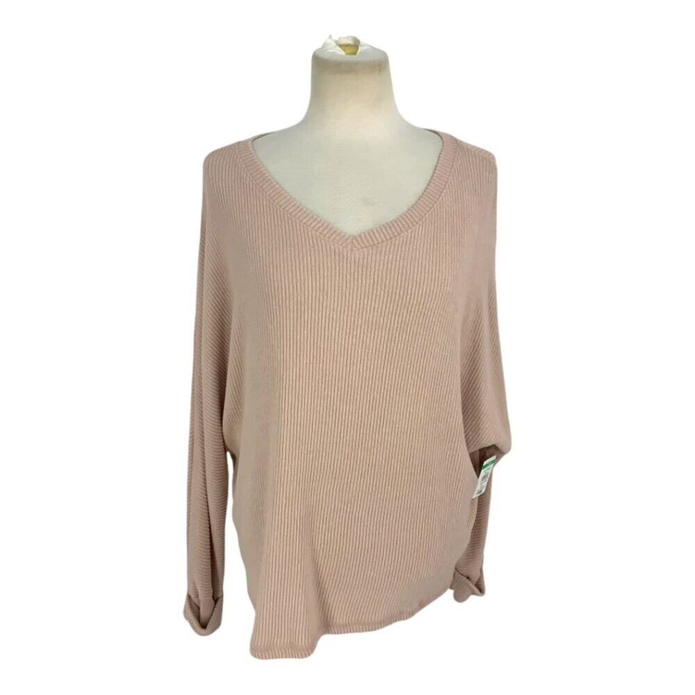 Caslon Cozy Rib V Neck Long Sleeve Top Pink Size Medium NWOT